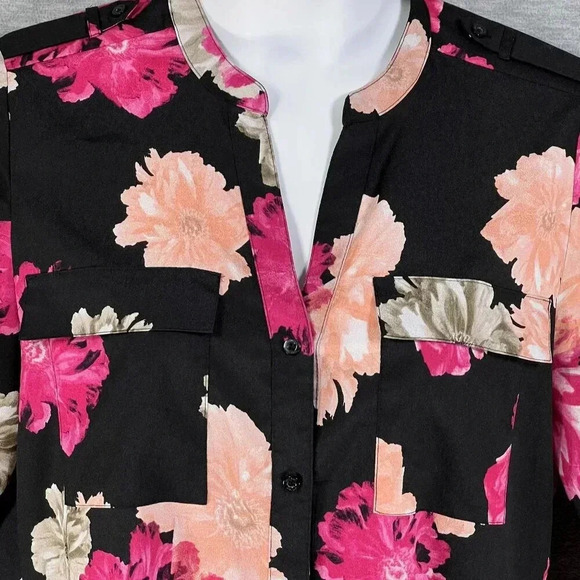 Calvin Klein Women L Black Pink Floral Button-Up Blouse Long Roll Tab Sleeve Top - Picture 3 of 16
